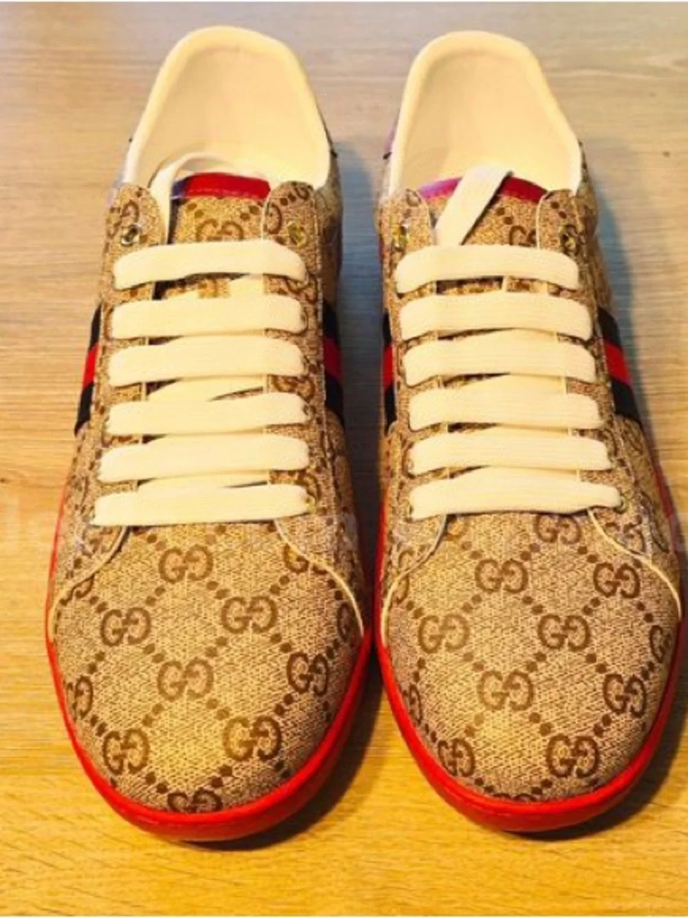 Gucci Beige Monogram Sneakers with Red & Black Stripe